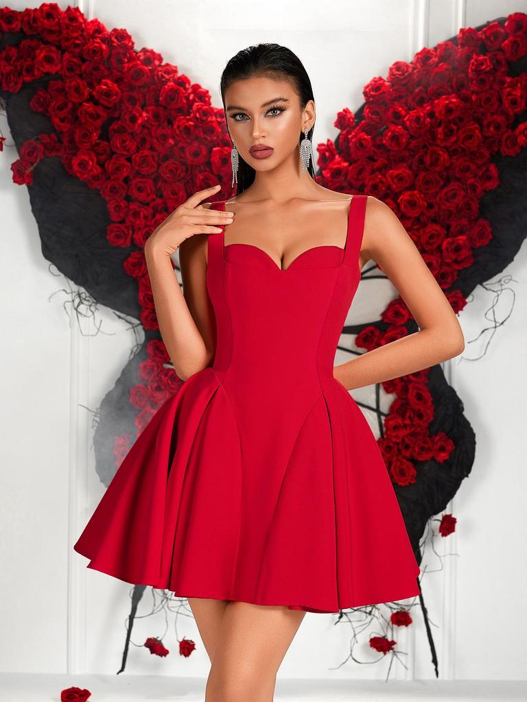 Elegant Red Open-Back Strappy Dress - Yuan Style for Parties & Evening Events