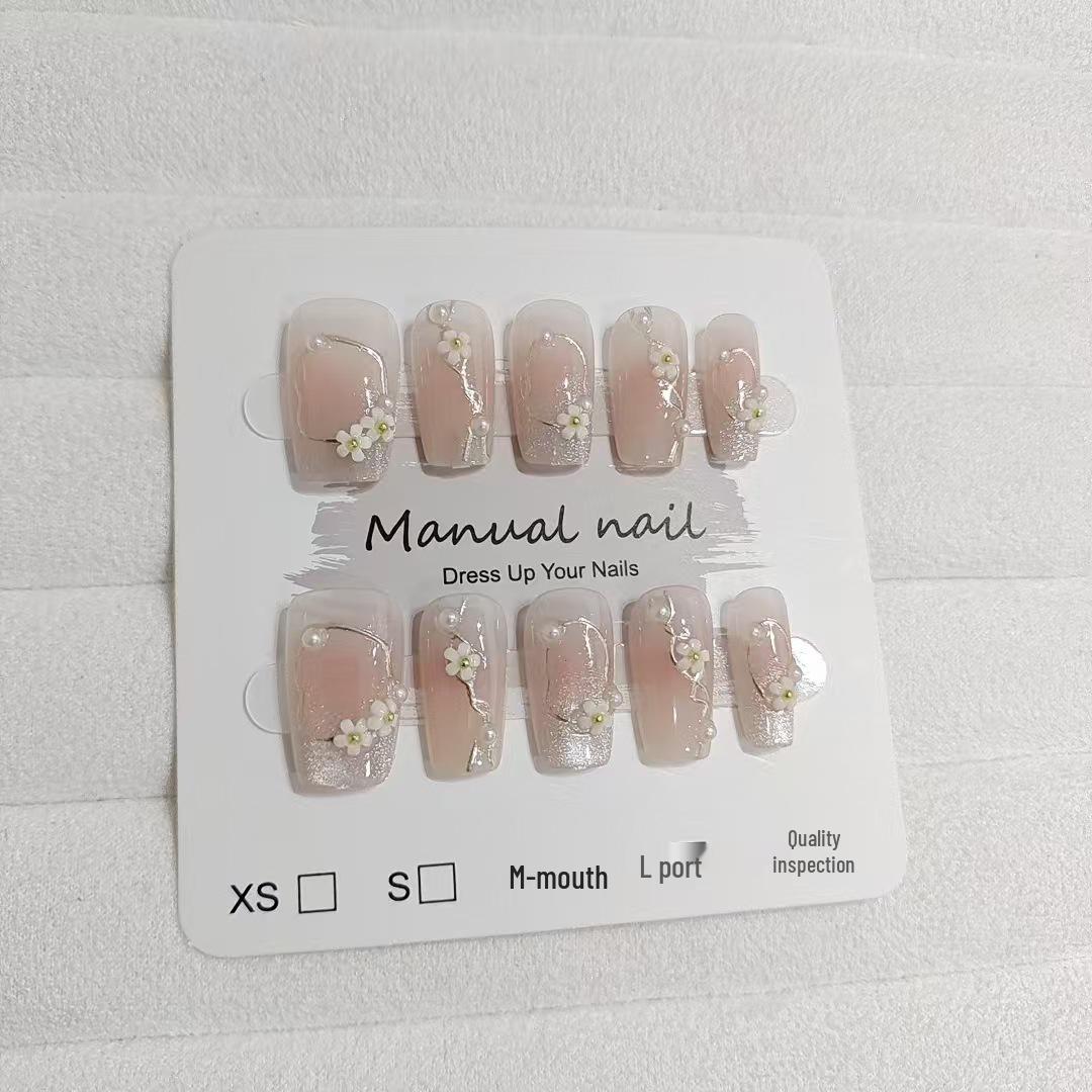 

Носимые ногти «Цветущий персик» - Набор из 10 штук, Дизайн «Короткая лестница с цветами», Девичий румянец со свежим отбеливанием, Трехмерные модные ногти.