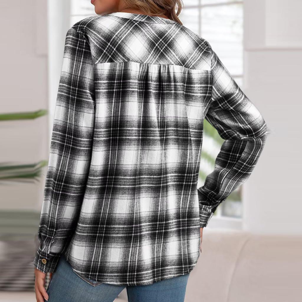 Ladies' V-neck Plaid Shirt, Fashionable Casual Button Up Top