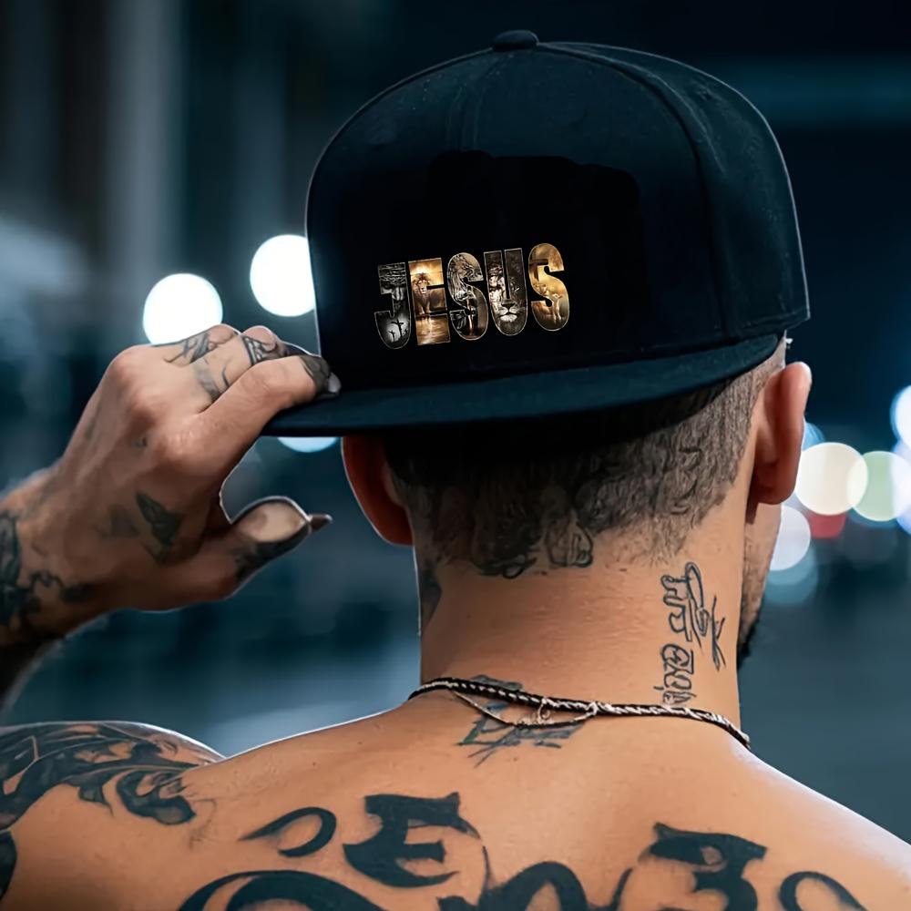 JESUS Lion and Cross Graphic Snapback Cap Bold Religious Streetwear Flat Brim Baseball Hat Adjustable Unisex