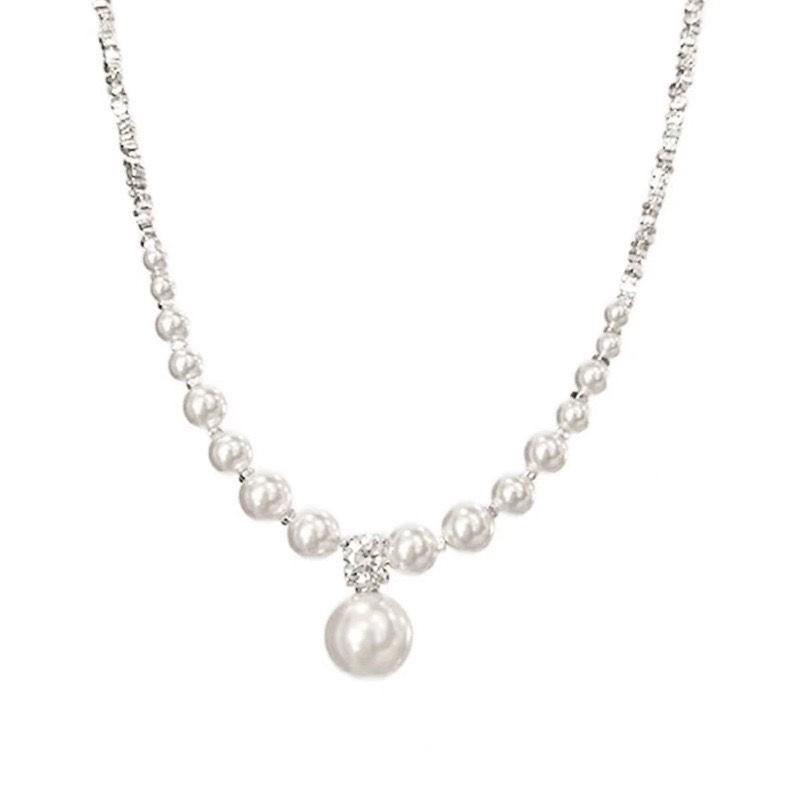 French Crushed Silver Pearl Necklace, Minimal Short Clavicle Pendant Chain 2024 New