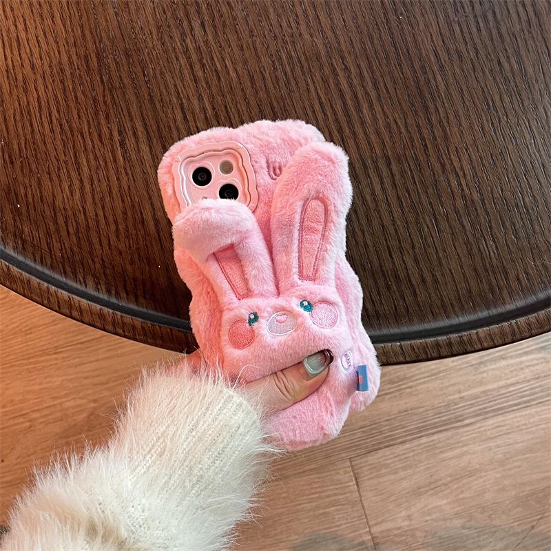 Husă de pluș cu desen animat pentru telefon Apple 15 Promax cu design drăguț de iepuraș și suport anti-cădere