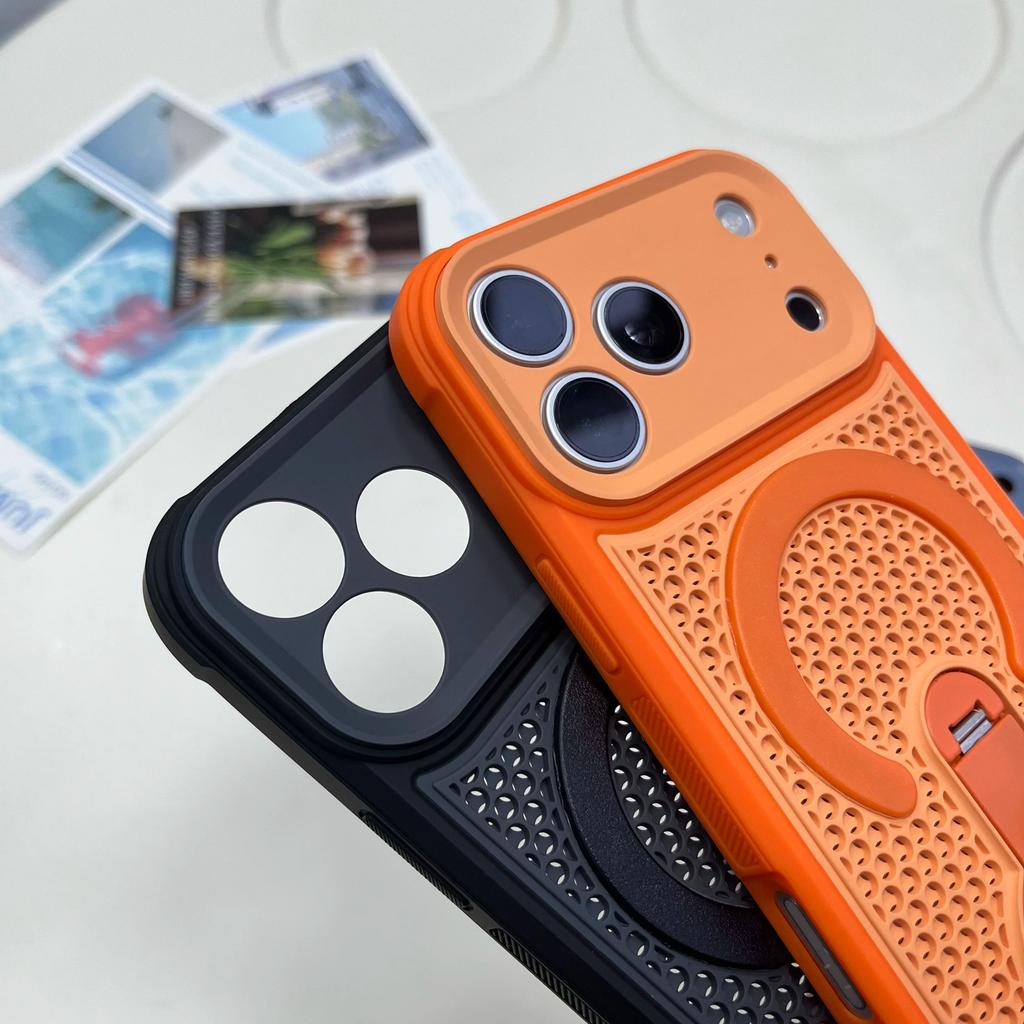 Heat Dissipation Magnetic Metal Grip Bracket Case For iPhone Air 17 16 15 14 13 12 11 Pro Max Plus For Magsafe Stand Phone Cover