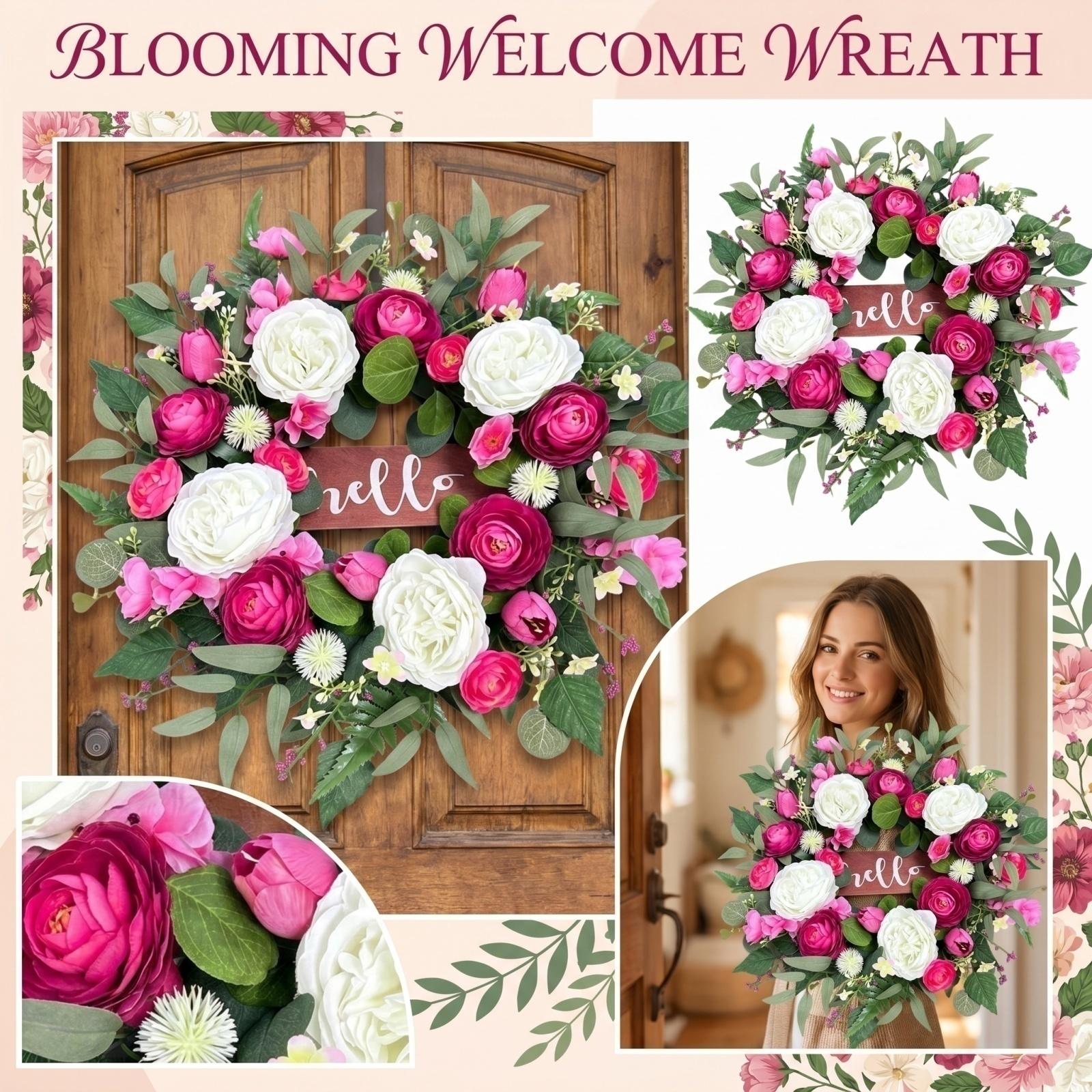

3D 50cm Spring Artificial Flower Wreath Decoration with Mixed Floral Elements and Greenery for Indoor Outdoor Seasonal Home Display One Size