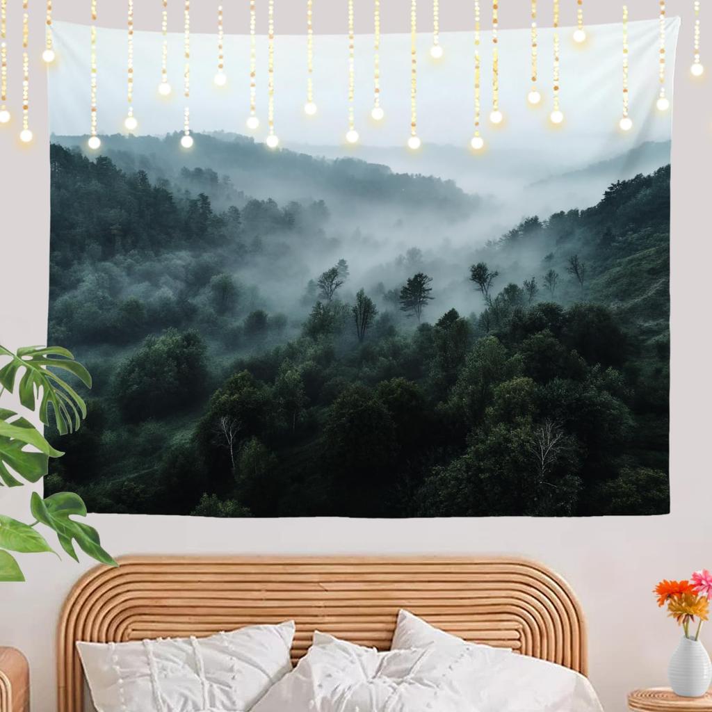 Large Forest Landscape Tapestry Wall Hanging Decor Misty Mountain Nature Art Polyester Material for Home Living Room Accent