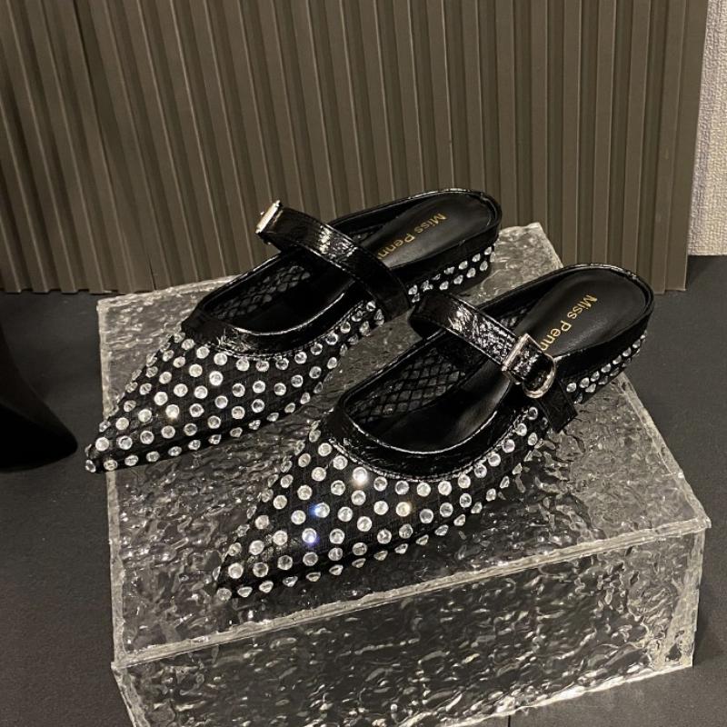 Fashion Crystal Women Mules Shoes Luxury Flats Slippers Mesh Casual Sandals Trend New Brand 2025 Summer Woman Slingback Sneakers Mujer