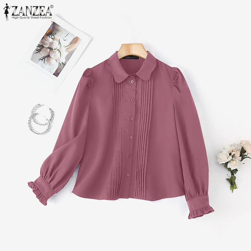 ZANZEA Women Casual Doll Collar Solid Color Loose Long Sleeve Blouse