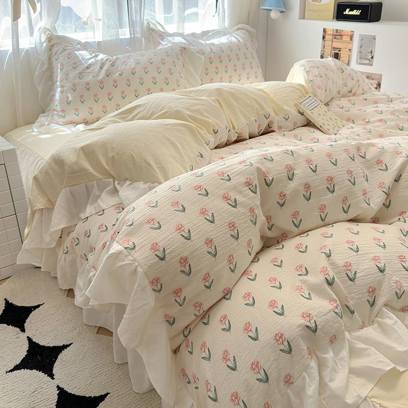 Ins Style French Romance Rose Flowers Bedding Set Washed Cotton 4pcs Bed Sheet Set Duvet Cover Set For Girl Bedding Decor Home