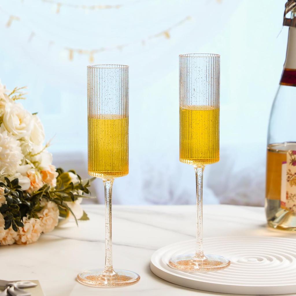 16-Pack Gold Glitter Clear Acrylic Champagne Flutes, 5.5 Oz Reusable Plastic Wedding Party Glasses