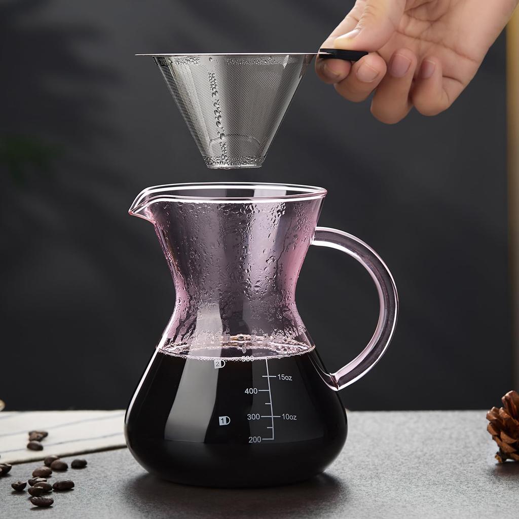POKALOTEA Pink Drip Coffee No Paper Coffee Filter Reusable Stainless Steel Microwave Graduations Included Server, 500ml, Required, Filter,