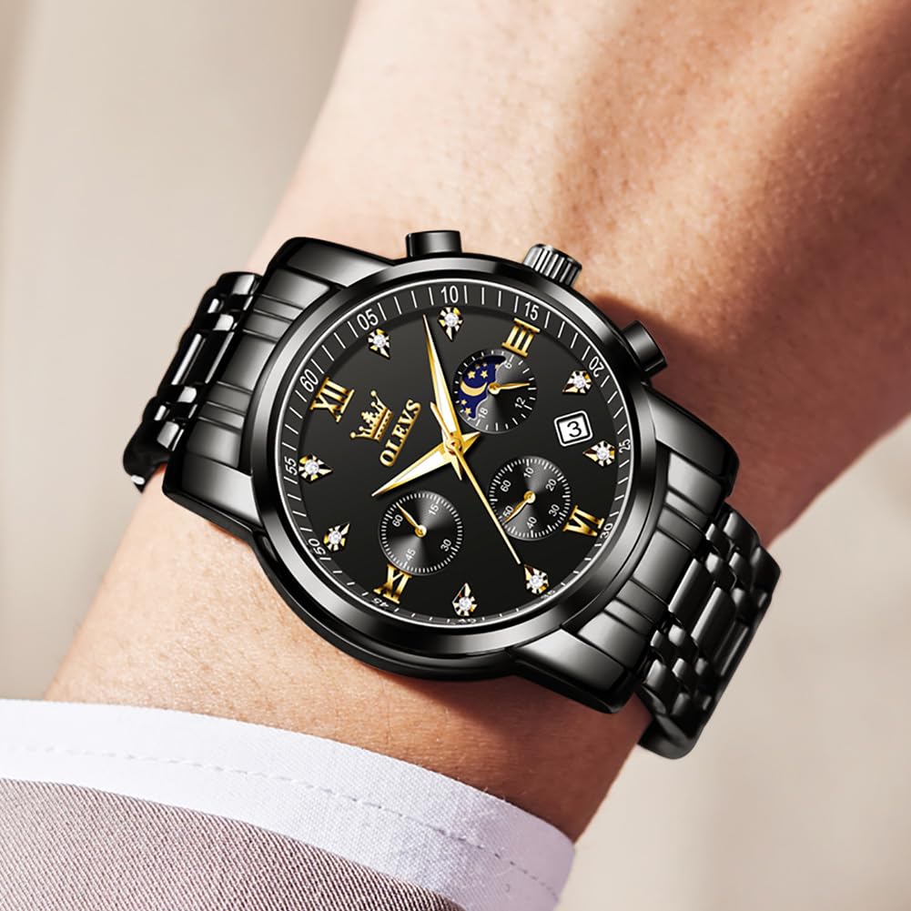 OLEVS Watch with Moon Date Quartz Stainless Simple and Luminous Black Men's Phase, Timer, Display, Movement, Waterproof, Steel, Fashionable, Design,