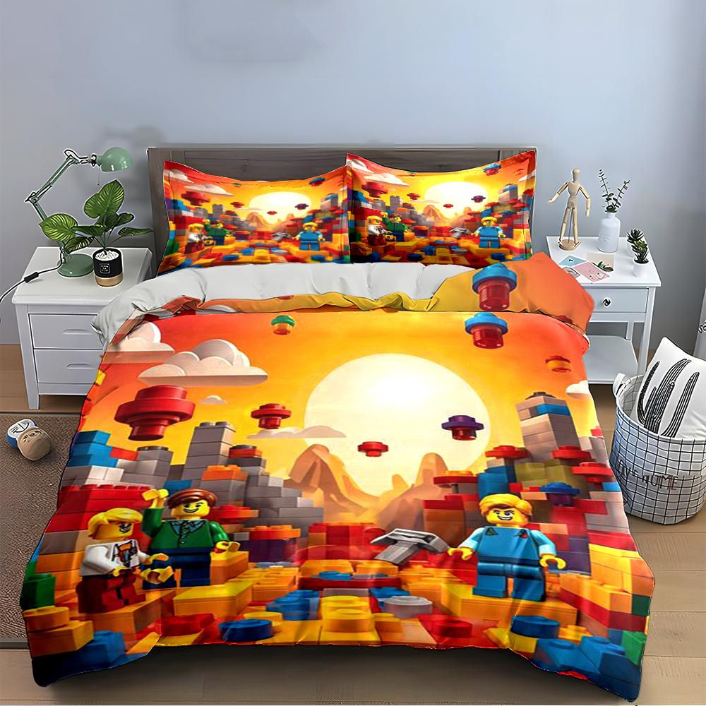 Colorful Brick World with Toy Figures Design Bedding Set (1 Duvet Cover, 2 Pillowcases, Duvet Not Included)