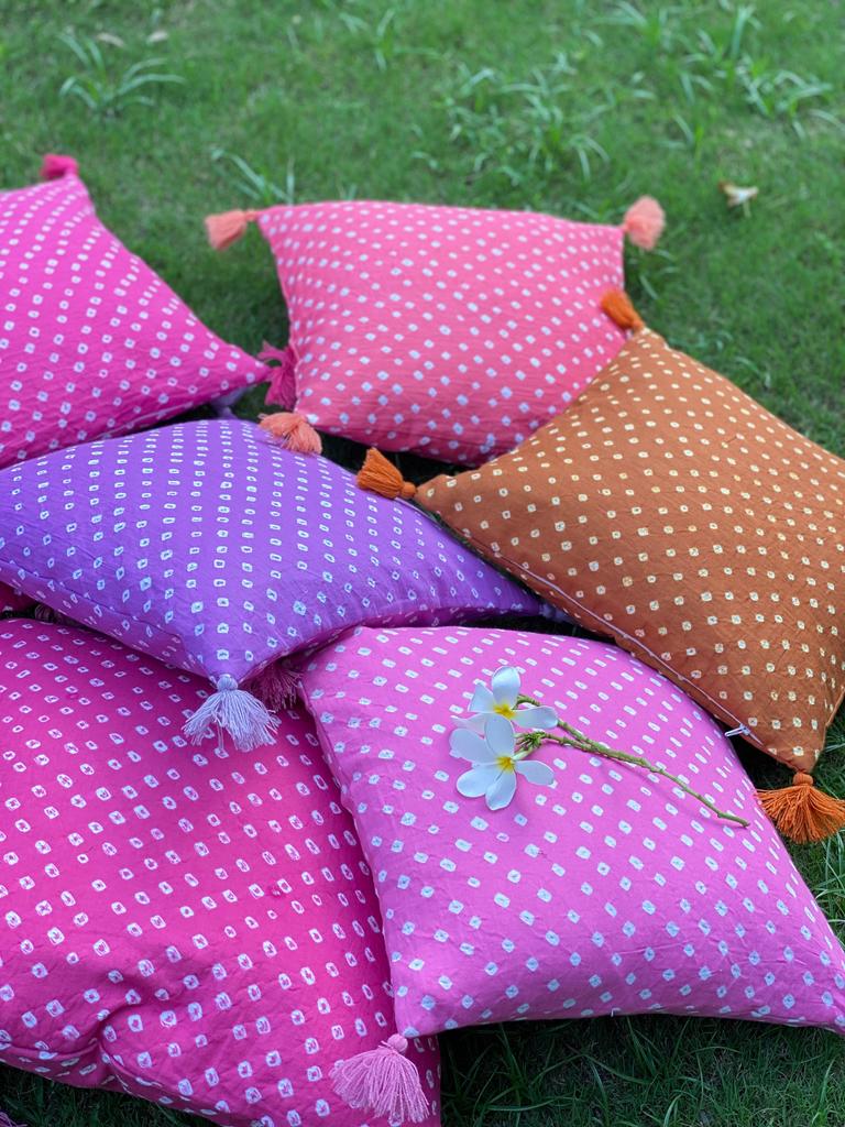 Pink (Shade 1) Bandhani Cotton 2 Cushion Cover Set- 16*16 inches