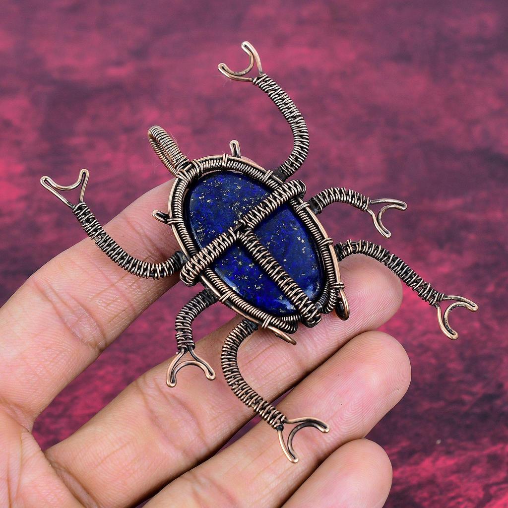 Lapis Lazuli Pendant Copper Wire Wrapped Jewelry Gemstone Pendant Beetle Pendant