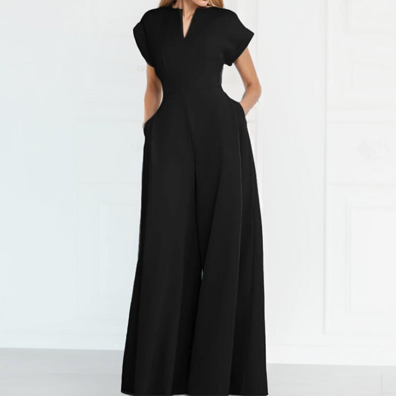 Women's Fashion Elegant Solid Color Loose V-Neck Short Sleeve Wide Leg Jumpsuit