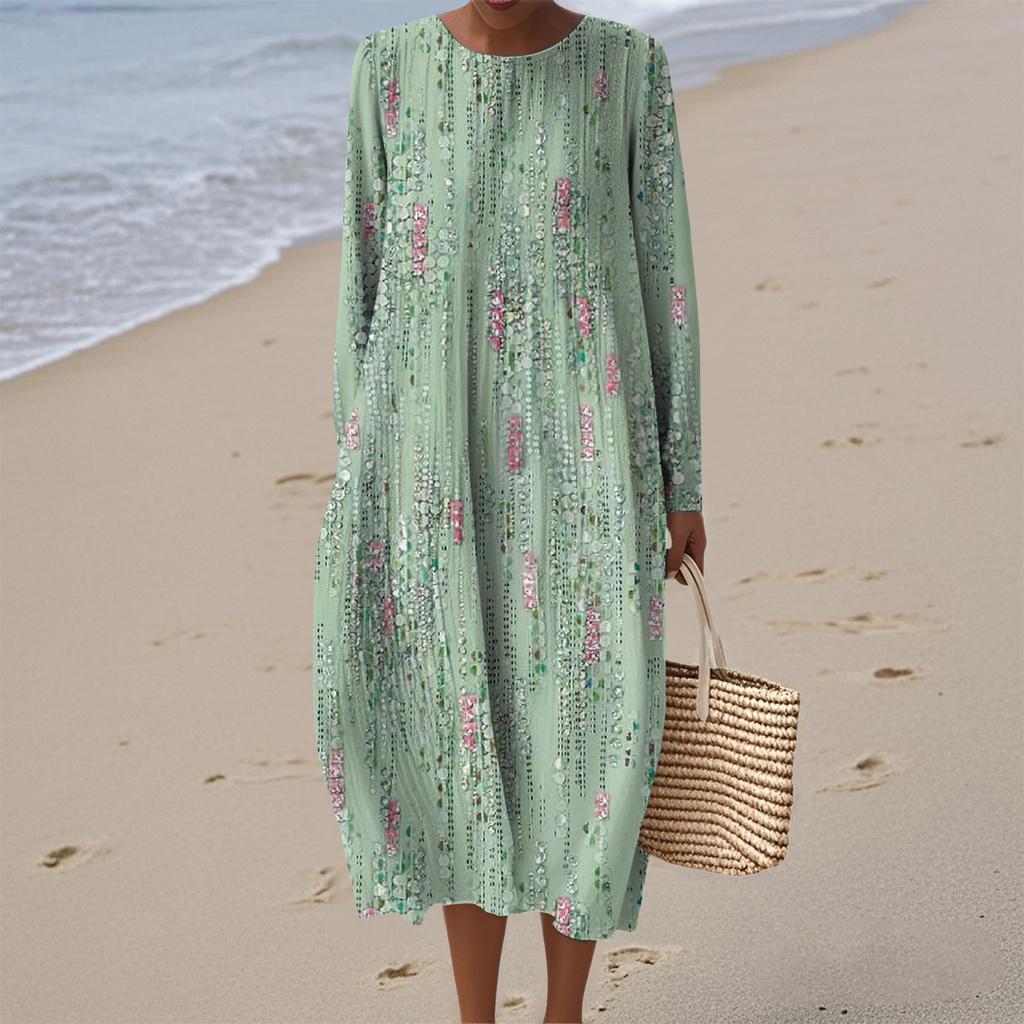 Women's Fashionable Casual Long-Sleeved Round Neck Floral Print Zipper Dress