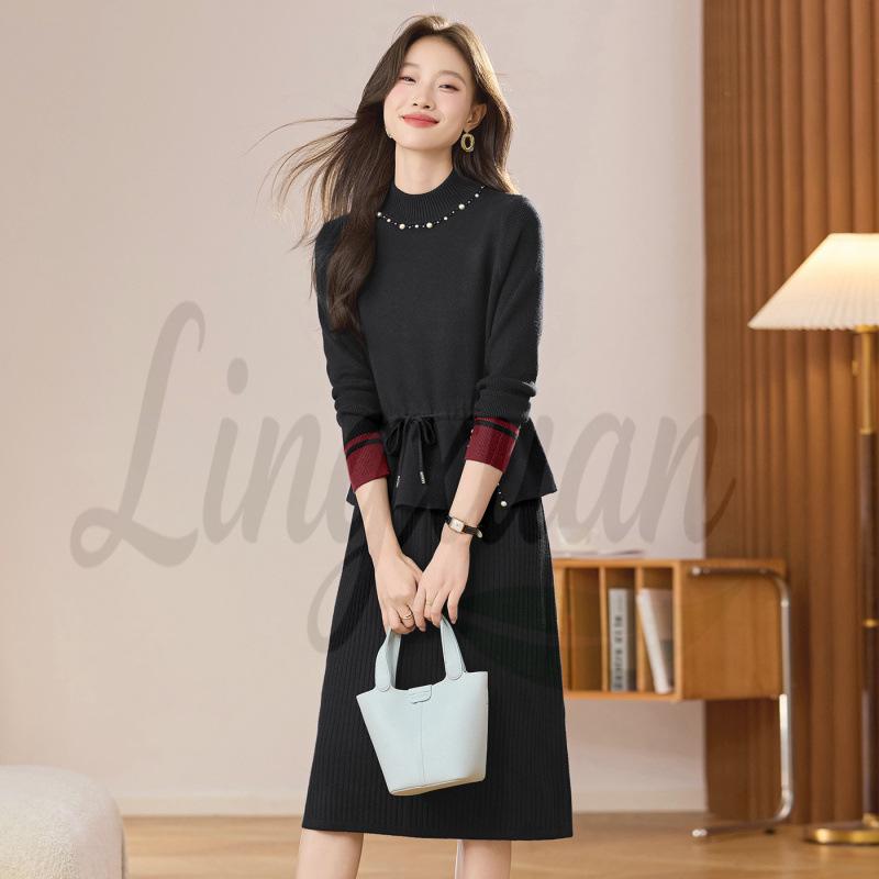 2026 Beaded Knit Sweater Dress - Women's Mid-Length Autumn Winter Solid Color Vest Dress