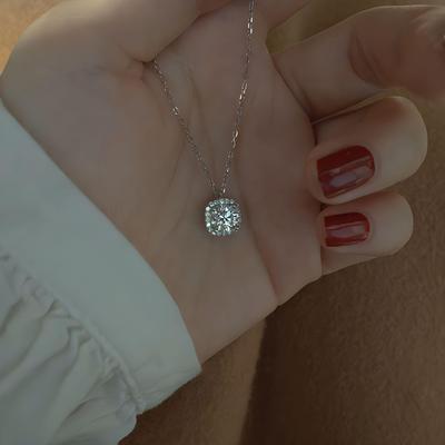 S925 Sterling Silver Square Pendant Necklace with Zirconia, Women's Light Luxury Clavicle Chain, 2025 Design.