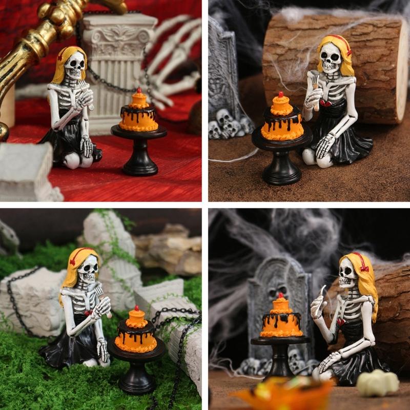 Cake Eating Skeleton Ornaments Skeleton Girl Eating Cake Figurine for Halloweens Party Decoration