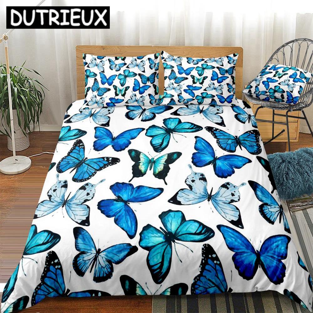 

Queen - Sized 3 - Piece Watercolor Blue Butterfly Duvet Cover Set for Kids Girls - White Bedding, Ideal for Dropshipping (135x200cm)