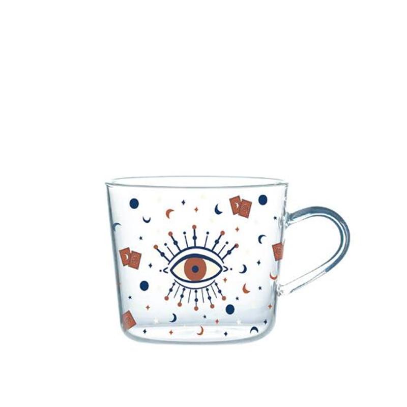 

500ml Abstract Sun Eye Pattern Glass Mug with Handle Creative Breakfast Coffee Juice Tea Cup with Scale 501-600ml