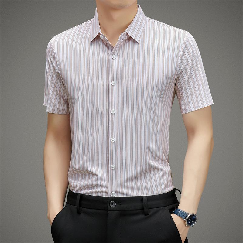 Summer New Striped Slim-Fit Short-Sleeved Lapel Shirt Men's Young and Middle-Aged Business Thin Shirt