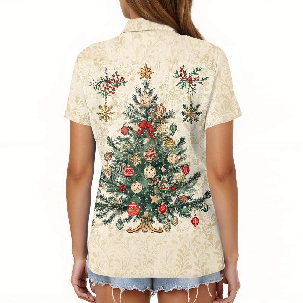 Dame Mote Casual Revers Kortermet Juleprint Skjorte Dame Kneppet Topper