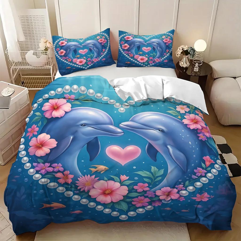 3pcs Dolphin Couple Pattern Printed Bedding Set 1*quilt Cover+2*pillowcase Suitable for Couples and Adults Bedrooms