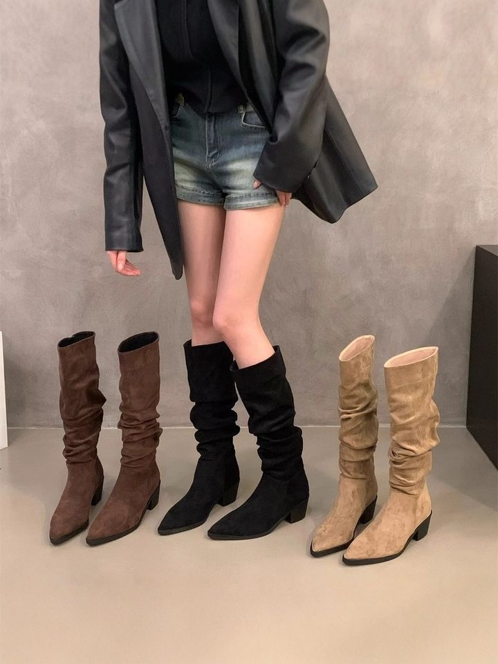 Pointed high-heeled khaki stacking boots women's shoes 2025 new spring and autumn winter thin long knight boots