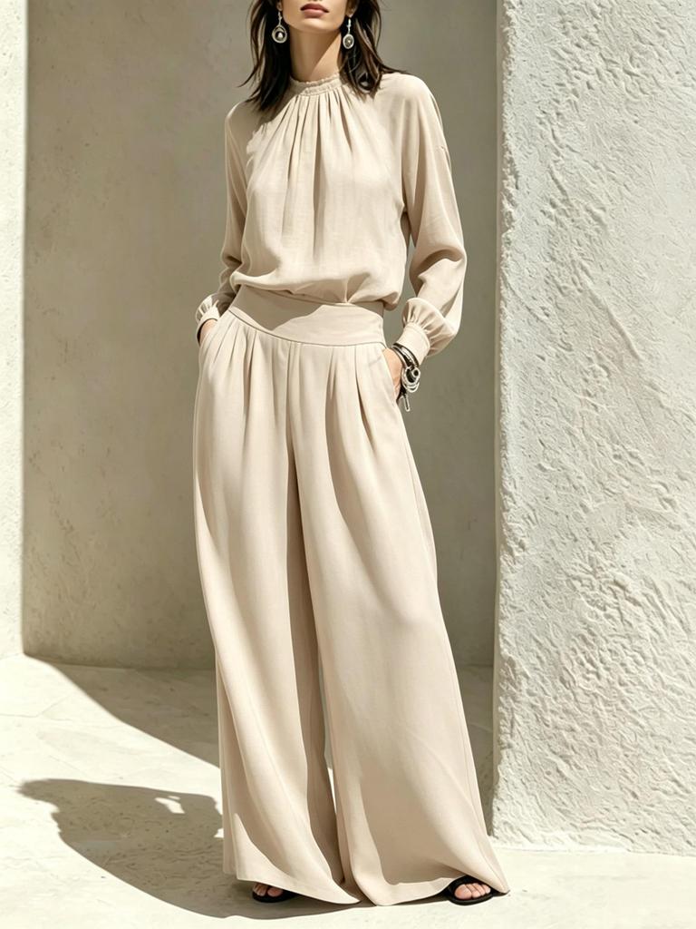 2026 Herbst Europäisches & Amerikanisches High-End Freizeit-Set mit Stehkragen: Damen lockeres Oberteil mit Weitbein-Hose