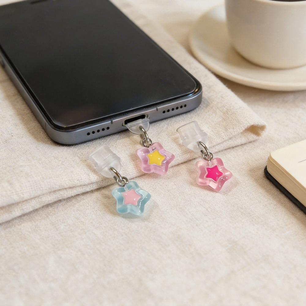 Cute Transparent Star Phone Dust Plug Colorful Star Charm Kawaii Phone Accessories For IPhone Gift for Girlfriend2