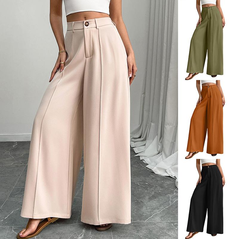 Women's Wide Leg Pants with Front Seam and Waist Button, Multiple Colors