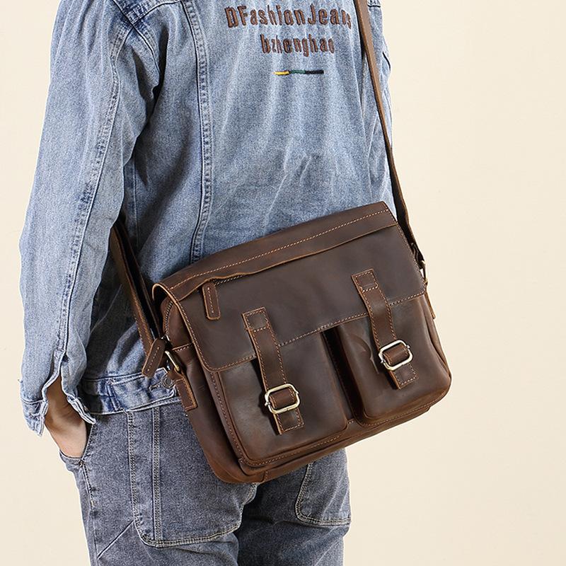 Men's Crossbody Bag, Crazy Horse Leather Single Shoulder Men's Bag, Large Capacity Personalized Mailman's Bag, Layered Cow Casual Retro Bag