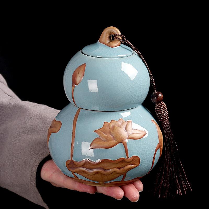 Lotus Gourd Ceramic Pots Double-sealed Tea Cans Candies Coffee Beans Storage Boxes Kitchen Food Containers Crafts Art Decoration