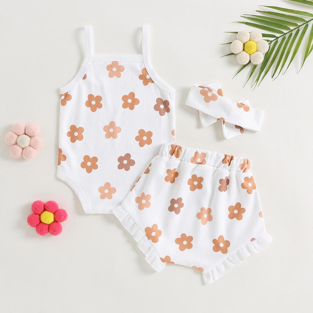 Baby Girl Summer Clothes Floral Print Sleeveless Romper and Ruffle Shorts Headband Set 3PCS Outfits 0-18 Months