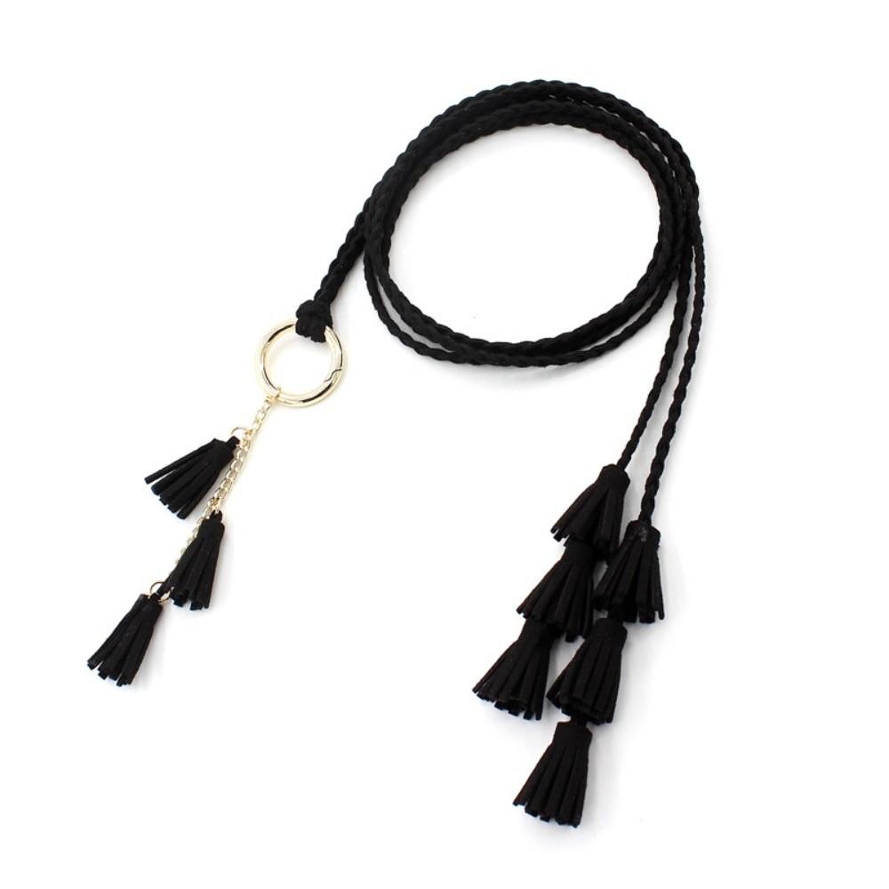 Solid Color Thin Waist Rope Belt Tassel Detail Knit Belt Fashion Dress Waistband  Waist Accessory