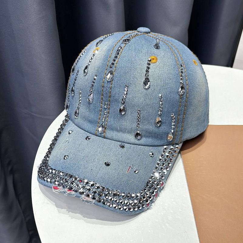 New  Trendy Spring Autumn Adult Men Women Denim Diamond Baseball Cap Casual Fashion Duckbill Caps Sun Hats Strap Adjustable