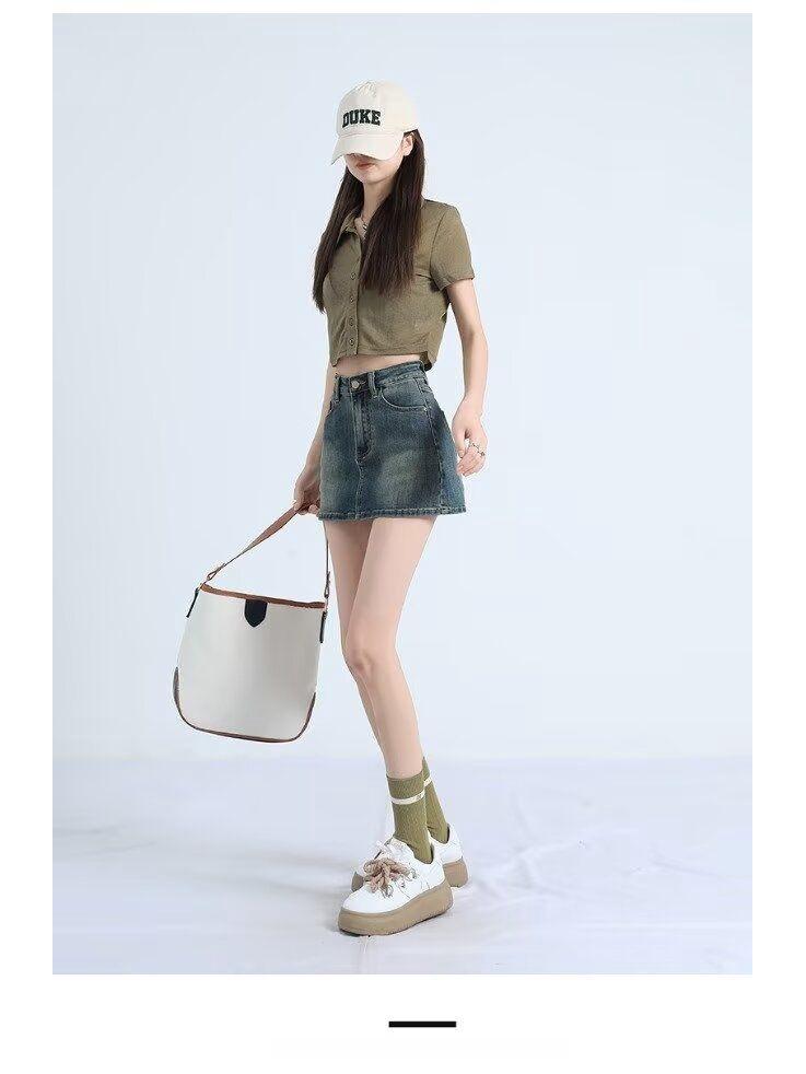 2025 Summer High-Waisted Distressed Denim Skort with Anti-Exposure Feature