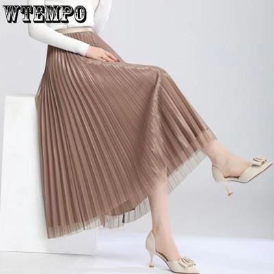 Wiosna jesień elegancka, solidna, plisowana spódnica na cały mecz, damska, plisowana, satynowa spódnica z wysokim stanem, seksowna, szykowna, damska