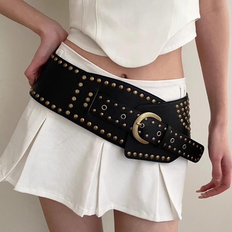 Rivet Studded Belt for Jeans Pants PU Leather Wide Cincher Belt for Shorts Skirt 2000s Girl Clothing Unisex Waist Decors