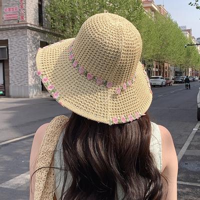 Women's Summer Straw Fisherman Hat, Japanese Style Floral Beach Vacation Hat, Large Brim Sun Protection Sun Hat