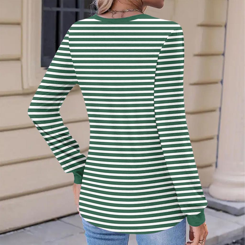 Women's Fashion Casual Striped Print Pleated Comfortable Round Neck Loose Long Sleeve T-shirt Top