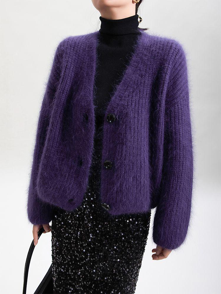 European & American Style Purple Faux Mink Velvet V-Neck Long-Sleeve Knitted Cardigan Sweater