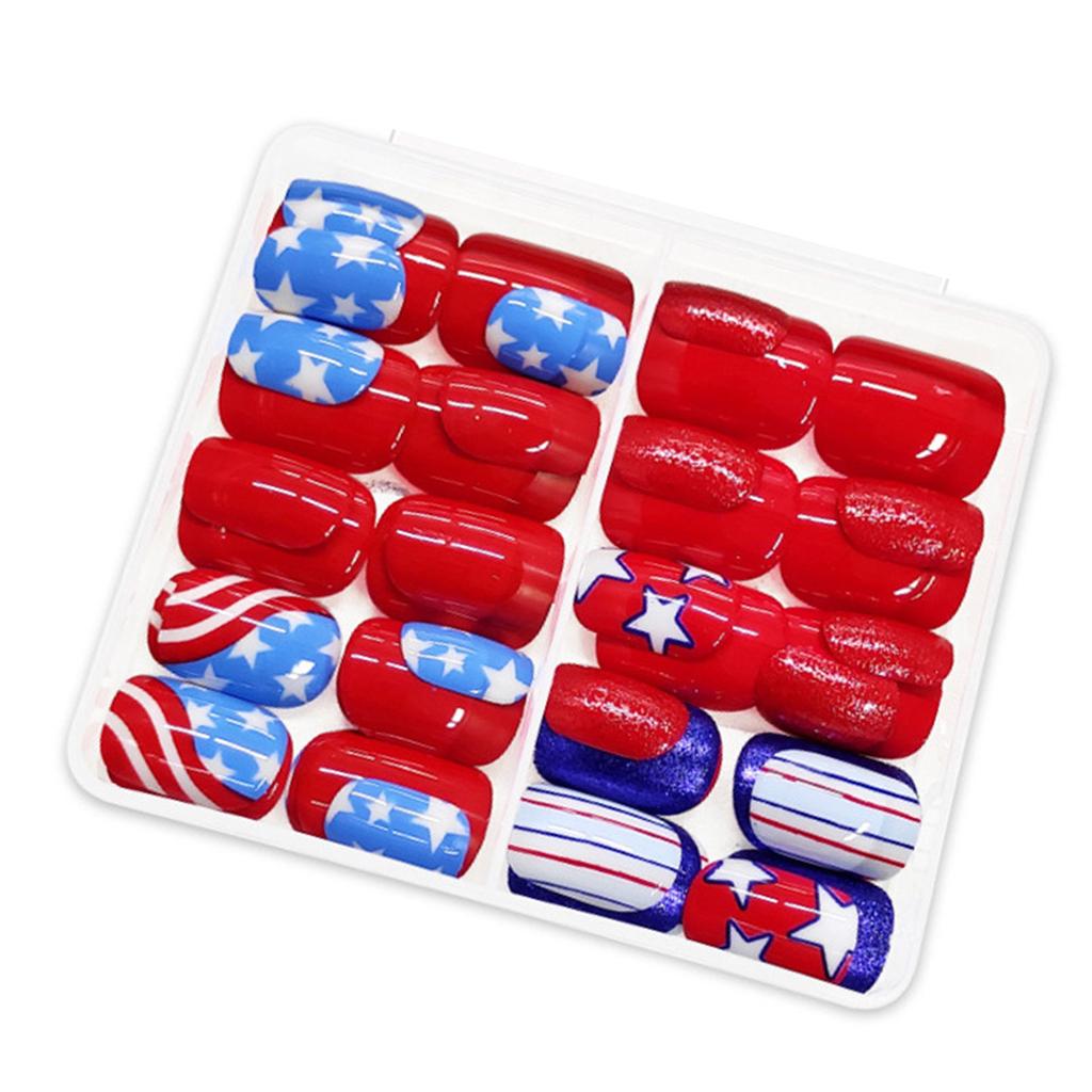 48 Pcs Five-Pointed Star Stick on Nail 4th of July Artificial Nail Short Square False Nail Glittering Press On Nail
