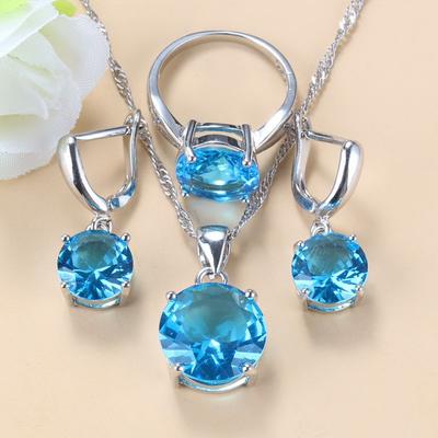 Bridal Wedding Round Moroccan Jewelry Sets With Stone Blue Cz Earrings And Necklace For Women Trendy Costume