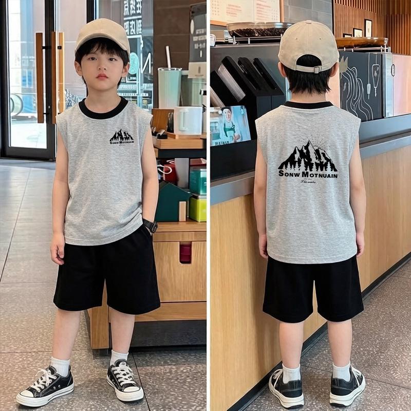 Korean Style Boys' Cartoon Cotton Color Block Vest Set - Summer Sleeveless T-shirt Two-Piece for Medium & Large Children