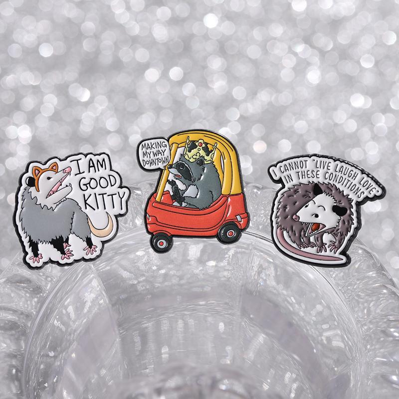 Opossum Raccoon Enamel Pins Trash Panda Good Kitty Brooches Lapel Badges Cartoon Animal Jewelry Gift for Friends