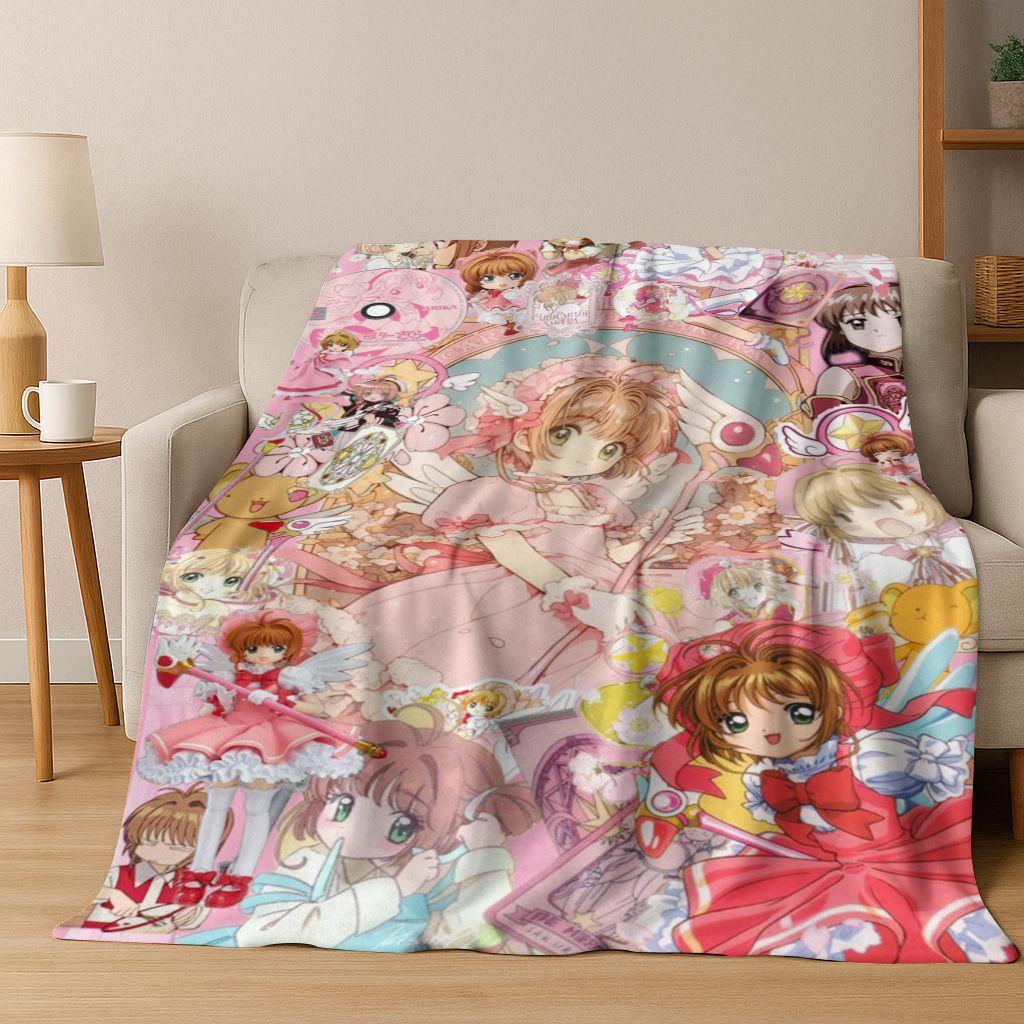 Cute Cartoon Card Captor Sakura Magic Girl Anime Art Flannel Blanket,Cozy Soft Throw Blanket for Home Bedroom Bed Sofa Cover Kid