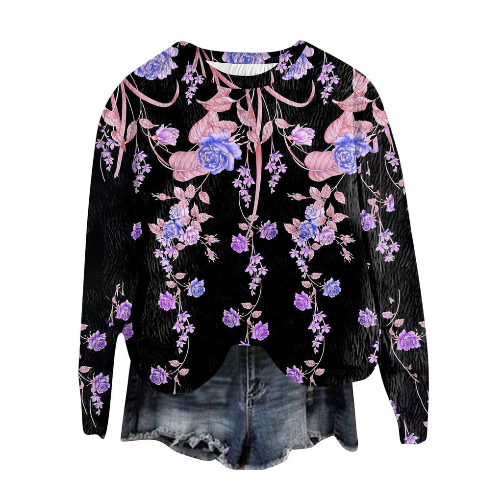 Women's Fashion Round Neck Pullover Top Long Sleeve Tee Printed Sweatshirt