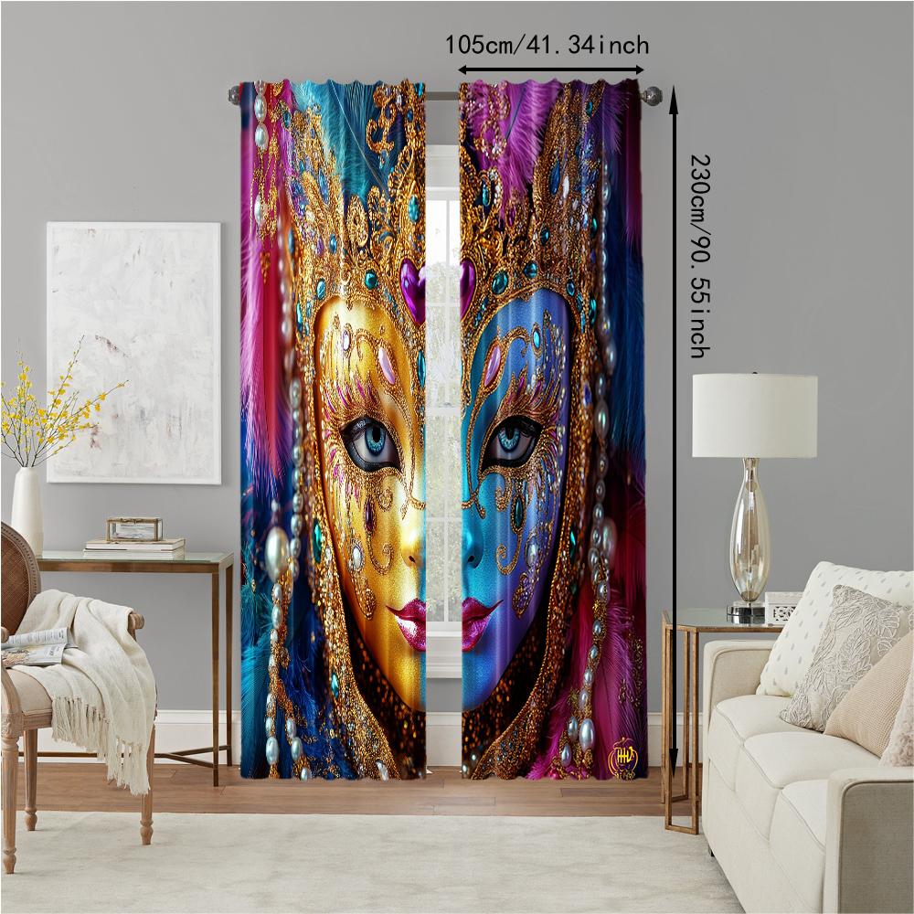 2 Pcs   Versatile Polyester Transparent Curtains for Home Decoration Venice Carnival Mask for Use In Bedrooms and Living Rooms